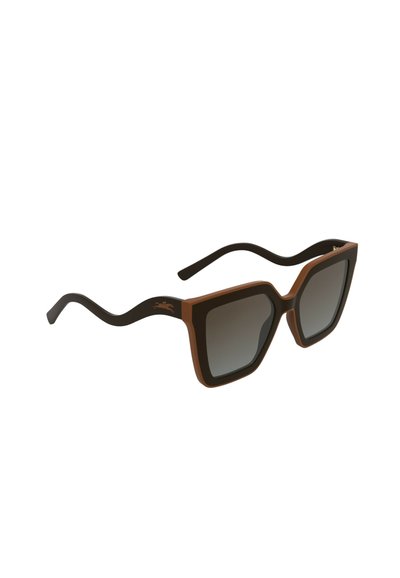 Lunettes de soleil carrées avec une monture marron et noire, dotées de verres dégradés et d'une branche au design texturé.