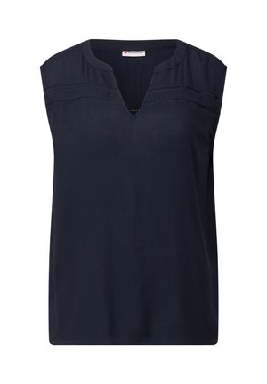 Top sans manches bleu marine avec un décolleté en V, en tissu texturé et une couture décorative à l'avant, doté d'une coupe décontractée.