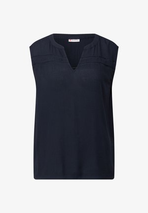 Námořnická modrá bezrukávová blůza s výstřihem do V, texturovanou látkou a dekorativním prošíváním na přední straně, s volným střihem.
