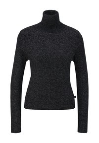 Pull noir à col roulé manches longues avec une silhouette ajustée et une texture subtilement tachetée, présenté sur fond blanc.