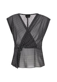 Zwarte doorschijnende blouse met een V-hals en kapmouwen, voorzien van een geometrisch patroon in zilver. Strikken in de taille accentueren de silhouet.