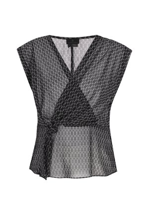 Schwarze durchsichtige Bluse mit V-Ausschnitt und kurzen Ärmeln, die ein geometrisches Muster in Silber aufweist. Bindebänder in der Taille betonen die Silhouette.