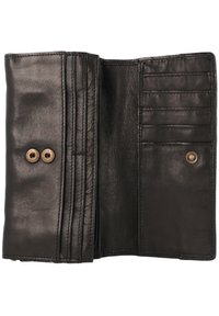 Portafoglio in pelle nera con due chiusure a bottone, molteplici slot per carte e un interno liscio e strutturato. Design compatto e pieghevole.