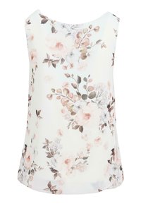 Top sans manches floral en tissu doux avec un fond blanc. Présente des fleurs roses et grises, des feuilles vertes et un col rond.