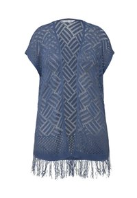 Top azzurro a maglia aperta realizzato in materiale morbido, con un motivo geometrico, vestibilità ampia, maniche corte e orlo fringed per una maggiore texture.