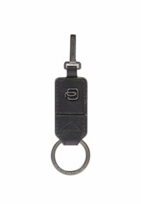 Black leather keychain with a rectangular design, featuring embossed logo, a textured finish, and a circular silver keyring attachment.