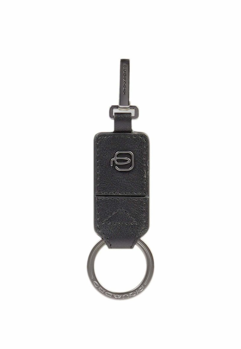 Black leather keychain with a rectangular design, featuring embossed logo, a textured finish, and a circular silver keyring attachment.