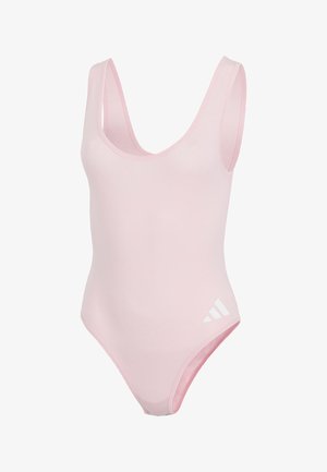Costume da bagno intero rosa chiaro con scollatura a forma di u e spalline larghe, con un piccolo logo bianco Adidas sull'anca.