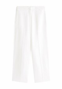 Witte linnen wijde broek met een elastische tailleband, met een relaxte pasvorm, zachte textuur en zonder zichtbare patronen of accenten.