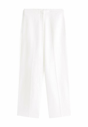 Pantalons larges en lin blanc avec une taille élastique, offrant une coupe décontractée, une texture lisse, et sans motifs ni accents visibles.