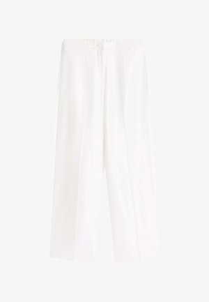 Białe szerokie spodnie lniane z elastycznym pasem, charakteryzujące się luźnym krojem, gładką teksturą i brakiem widocznych wzorów czy akcentów.