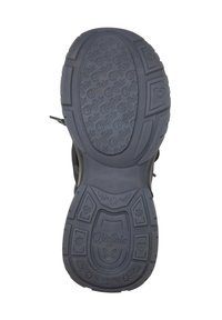 Semelle d’une chaussure noire avec une surface antidérapante texturée comprenant des cœurs, des fleurs, un papillon et des motifs répétitifs du logo "Buffalo".