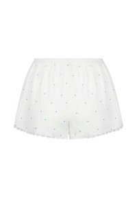 Witte katoenen shorts met een doorschijnende textuur, voorzien van kleine blauwe hartjespatronen en een golvende kantafwerking. Rekbare tailleband voor comfort.