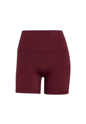 Bordowe sportowe szorty wykonane z elastycznego materiału, z wysokim stanem, dopasowanym krojem, bez widocznych wzorów ani elementów metalowych.