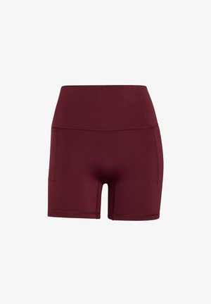 Shorts de sport bordeaux en matière extensible, avec une taille haute, une coupe ajustée et sans motifs ni éléments visibles.
