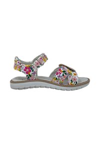 Infradito con motivo floreale in bianco e rosa, dotate di cinturini regolabili, soletta imbottita e suola flessibile bianca.