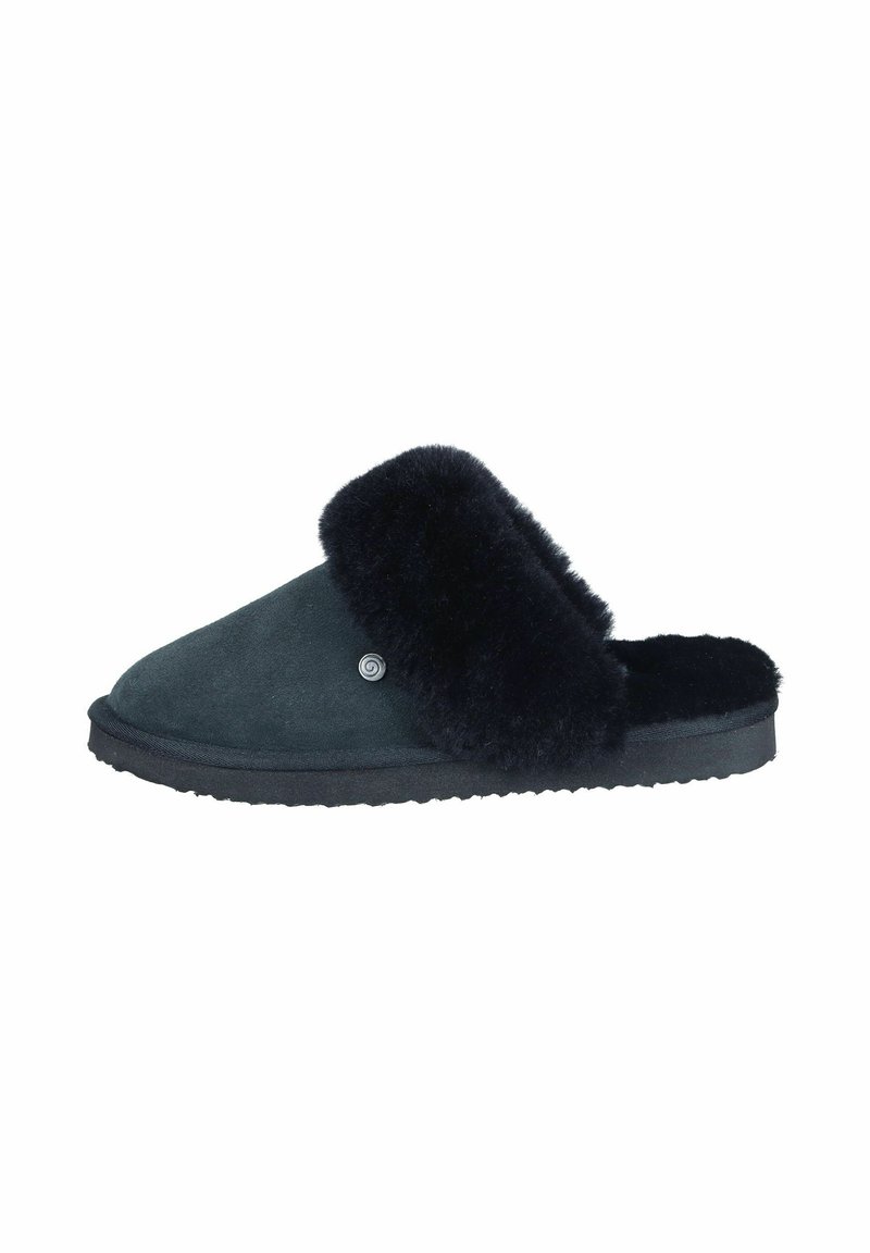 Black suede slippers with a plush fur cuff, rounded toe, and rubber sole. Features a small logo detail on the side. Soft texture throughout.