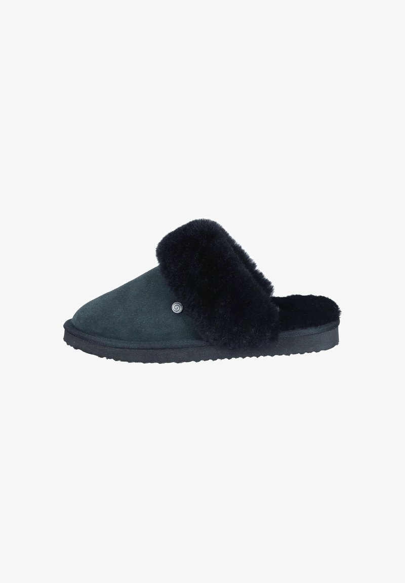 Black suede slippers with a plush fur cuff, rounded toe, and rubber sole. Features a small logo detail on the side. Soft texture throughout.
