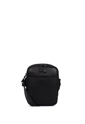 Piccola borsa a tracolla nera con pannello frontale testurizzato, doppia chiusura con cerniera sulla parte superiore e tracolla regolabile.