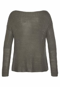 Gestrickter Pullover in dunkelolivgrün, mit lockerer Passform, weitem Rundhalsausschnitt und langen Ärmeln im strukturierten, offenen Strickmuster.