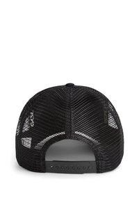 Casquette trucker en maille noire avec une partie avant structurée et une fermeture snapback ajustable, dotée de panneaux de ventilation et d'un bouton rond sur le dessus.
