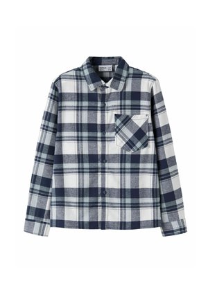 Chemise à manches longues boutonnée avec motif à carreaux bleu marine, blanc et gris avec une poche poitrine.