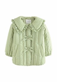 Groene geruite pufferjas met een ruches kraag en drie strikken aan de voorkant. Beschikt over elastische manchetten, twee zijzakken en een gevoerde textuur.