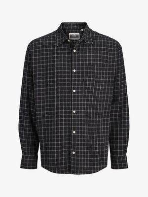 Fekete, hosszú ujjú, gombos ing fehér rácsmintával és gallérral, a gallér belsejében látható a "Jack & Jones Core" márkajelzés.