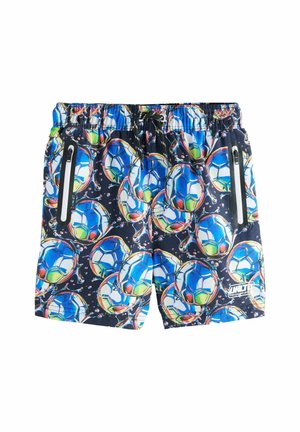 Pantaloni da bagno con uno sfondo blu navy, caratterizzati da un motivo di palloni da calcio colorati. Include tasche laterali con zip e una cintura elastica.