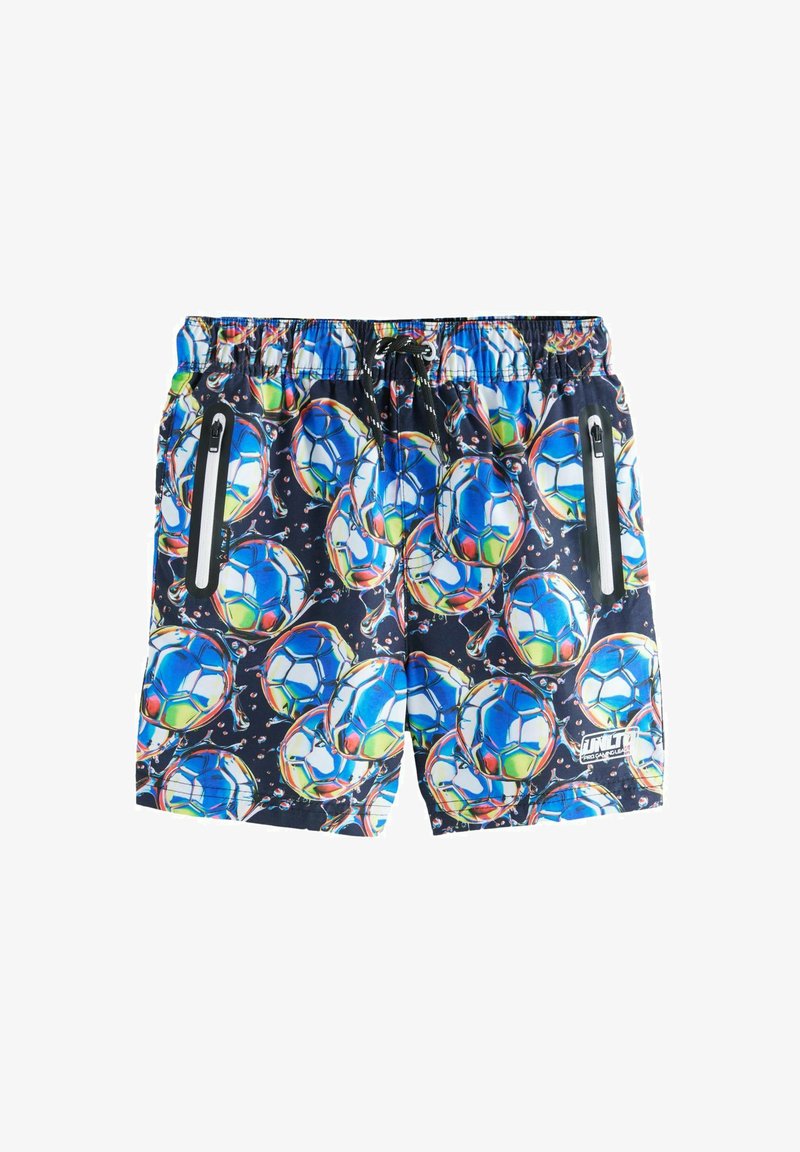 Badehosen mit dunkelblauem Hintergrund, die ein farbenfrohes Fußballmuster zeigen. Enthält seitliche Reißverschlusstaschen und einen elastischen Bund.