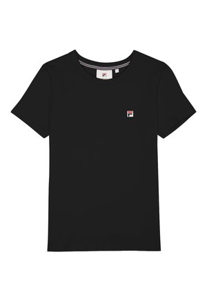 Schwarzes Baumwoll-T-Shirt mit kurzen Ärmeln, rundem Ausschnitt und einem kleinen, weißen, roten und blauen gestickten Logo auf der linken Brust.