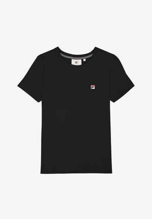 T-shirt en coton noir avec des manches courtes, un col rond et un petit logo brodé blanc, rouge et bleu sur la poitrine gauche.