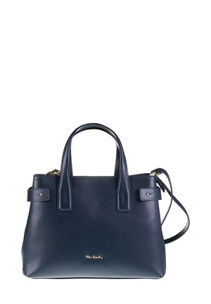 Sac à main en cuir marine avec deux poignées supérieures et une bandoulière amovible. Comprend des accessoires en métal doré et un détail de logo subtil sur le devant.
