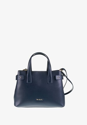 Borsa in pelle blu navy con due manici superiori e tracolla removibile. Presenta hardware in tonalità oro e un sottile dettaglio del logo sul davanti.
