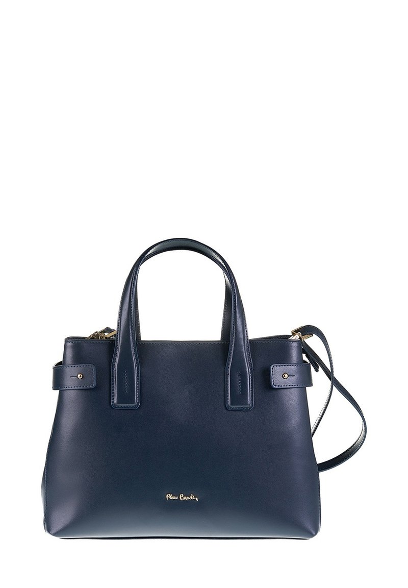 Marineblauwe leren handtas met twee bovenhandvaten en een afneembare schouderriem. Voorzien van goudkleurige accenten en een subtiele logodetail aan de voorkant.