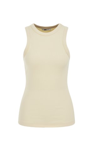 Bež bezrukavna rebrasta pamučna majica s okruglim izrezom, pripijeni kroj i glatka tekstura na bijeloj pozadini.