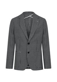 Blazer a quadri bianco e nero con una vestibilità su misura, rever a punta, tre bottoni e un motivo di tessuto texturizzato.