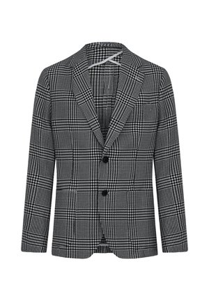 Blazer a quadri bianco e nero con una vestibilità su misura, rever a punta, tre bottoni e un motivo di tessuto texturizzato.