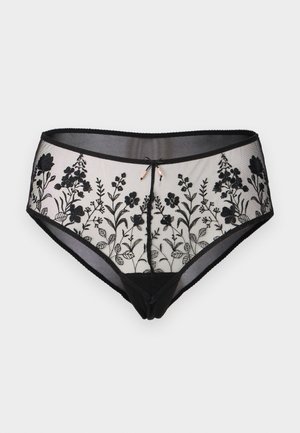 Black sheer lace panties with floral embroidery and a small central bow on a plain light background.