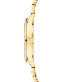Guld-tone ur med et slankt rektangulært urkasse med diamantdetaljer, et metallisk urrem og et minimalistisk urskive design.