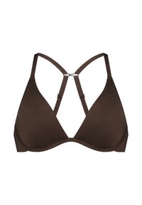 Bruine driehoekige bralette met verstelbare bandjes en een zilverkleurige metalen sluiting. Glad, mat oppervlak met een naadloos ontwerp.