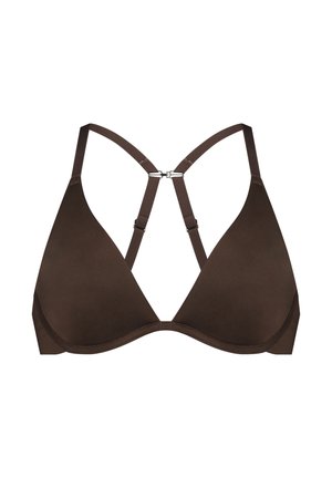 Bruine driehoekige bralette met verstelbare bandjes en een zilverkleurige metalen sluiting. Glad, mat oppervlak met een naadloos ontwerp.