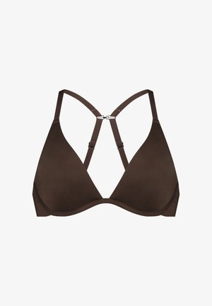 Bralette triangulaire marron avec bretelles réglables et fermoir en métal argenté. Texture lisse et mate avec un design sans coutures.