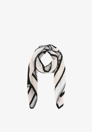 Biała plisowana szal z wyraźnymi czarnymi abstrakcyjnymi liniami, luźno owinięta na prostym białym tle.