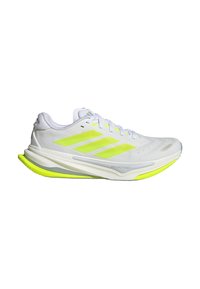 White running shoe featuring bright yellow accents, lightweight synthetic upper, cushioned sole, and textured tread for grip.