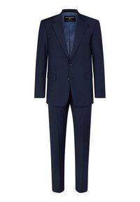 Marineblaues Anzug aus glattem Stoff, mit einem Zweiknopf-Blazer mit Revers und flachen Hosen, frontal präsentiert.
