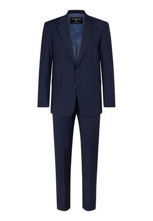 Navy blue suit made of smooth fabric, featuring a two-button blazer with notch lapels and flat-front trousers, displayed frontally.