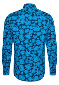 Koszula z długim rękawem w kolorze granatowym z żywymi niebieskimi wzorami liści, z kołnierzem i zaokrąglonym dołem. Wykonana z lekkiego materiału.