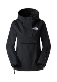 Černá mikina s kapucí, která má přední kapsu, nastavitelný rukávy a logo na hrudi. Vyrobena z nepromokavého materiálu.