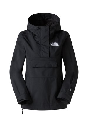 Giacca a pullover nera con cappuccio, presenta una tasca frontale, polsini regolabili e un logo sul petto. Realizzata in materiale impermeabile.